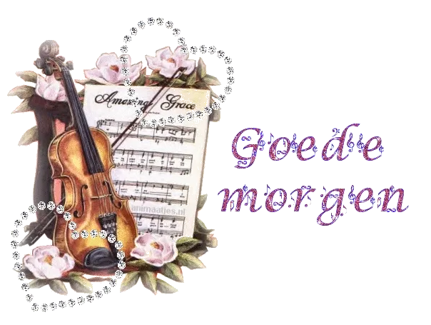 Viool en notenblad met tekst "Goede morgen" en bloemen.