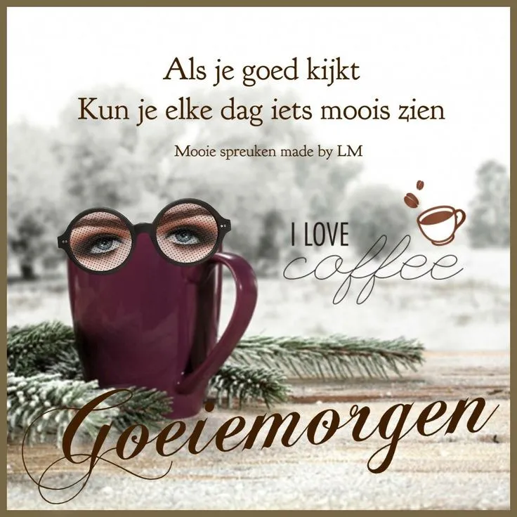 Een mok koffie met inspirerende tekst en een eyecatcher in de vorm van een bril.