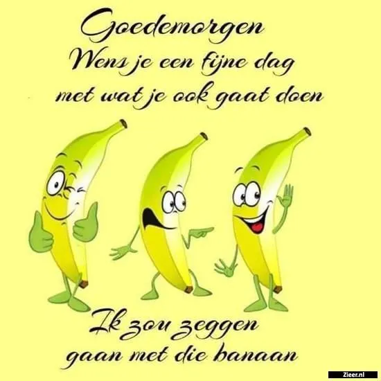 Drie vrolijke bananen met de tekst: "Goedemorgen, fijne dag gewenst".