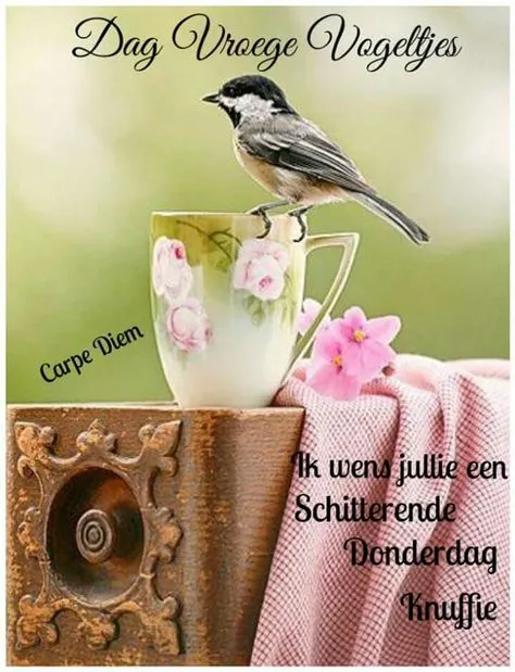 ᐅ goedemorgen wensen - Goedemorgen plaatjes Een vogeltje staat op een mok met bloemen, met een houten achtergrond en tekst.