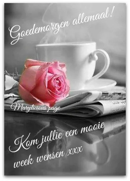 ᐅ goedemorgen wensen - Goedemorgen plaatjes Een roze roos en een kopje koffie boven een krant met de tekst "Goedemorgen allemaal!"