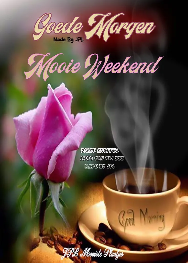 ᐅ goedemorgen wensen - Goedemorgen plaatjes Roze roos naast een kop koffie met de tekst 'Goede Morgen, Mooie Weekend'.