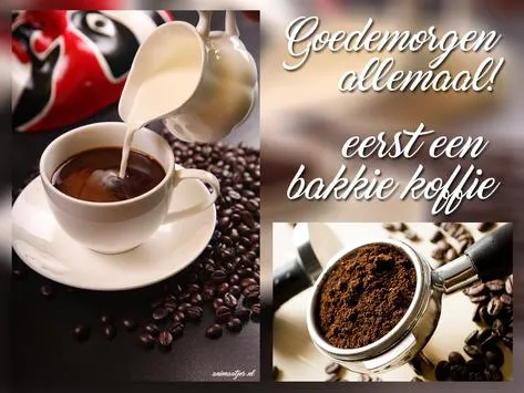 ᐅ goedemorgen wensen - Goedemorgen plaatjes Koffie met melk in een witte mok, omringd door koffiebonen. Tekst: "Goedemorgen allemaal!"