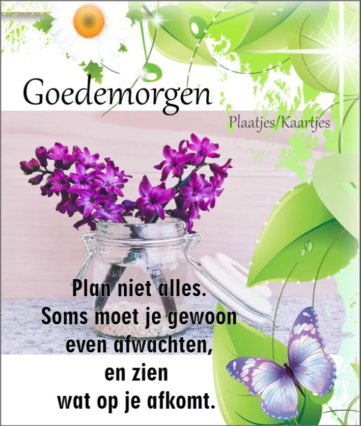 ᐅ goedemorgen wensen - Goedemorgen plaatjes Een glazen vaas met paarse bloemen en een inspirerende tekst over geduld.