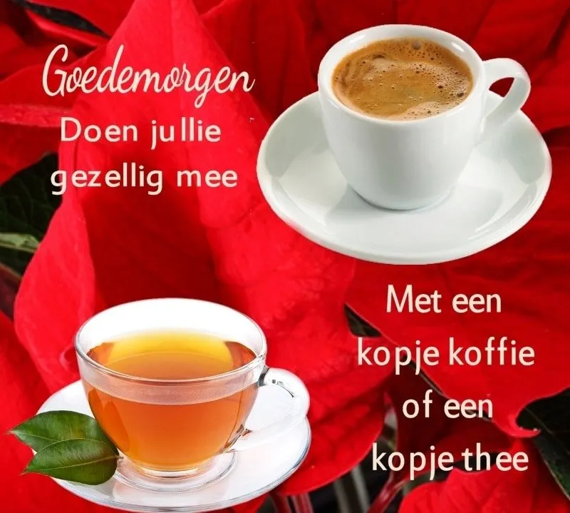 Een koffie en een kopje thee met rode bloemen op de achtergrond. Tekst: "Goedemorgen".