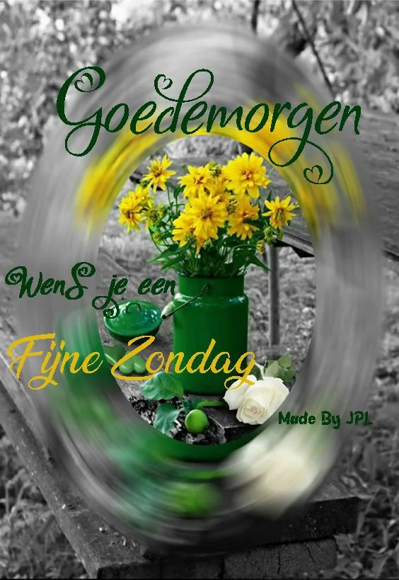 ᐅ goedemorgen zondag - Zondag plaatjes Groene vaas met gele bloemen, omringd door een sfeervolle achtergrond. Fijne zondag gewenst.