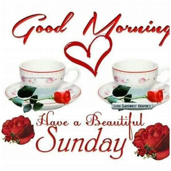 ᐅ goedemorgen zondag - Zondag plaatjes Twee kopjes met rozen en de tekst 'Goedemorgen' en 'Fijne zondag'.