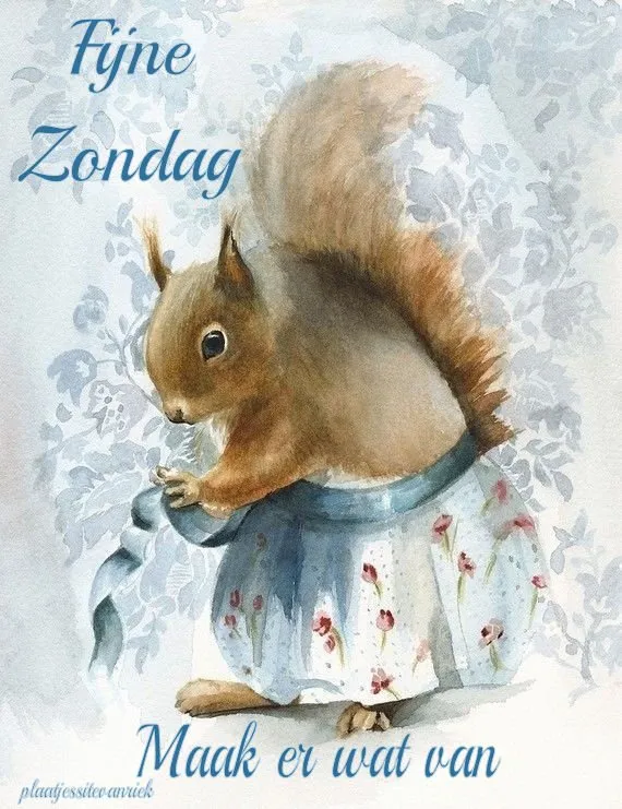 ᐅ goedemorgen zondag - Zondag plaatjes Tekening van een eekhoorn met een schort, met de tekst "Fijne Zondag".