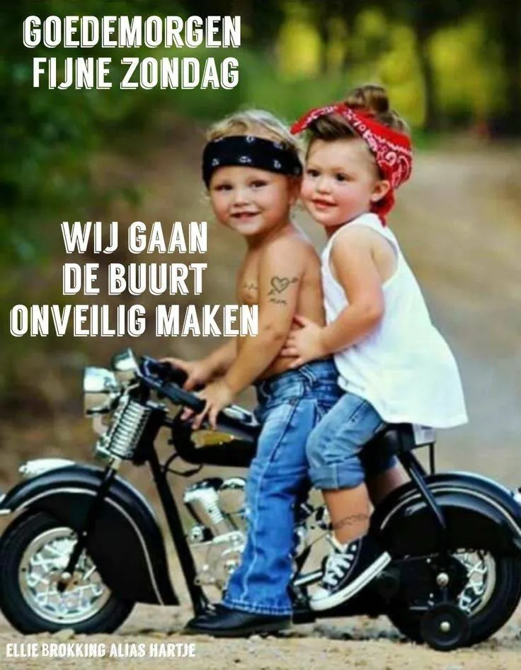 ᐅ goedemorgen zondag - Zondag plaatjes Twee kinderen op een motorfiets in de natuur, met tattoos en bandana's.