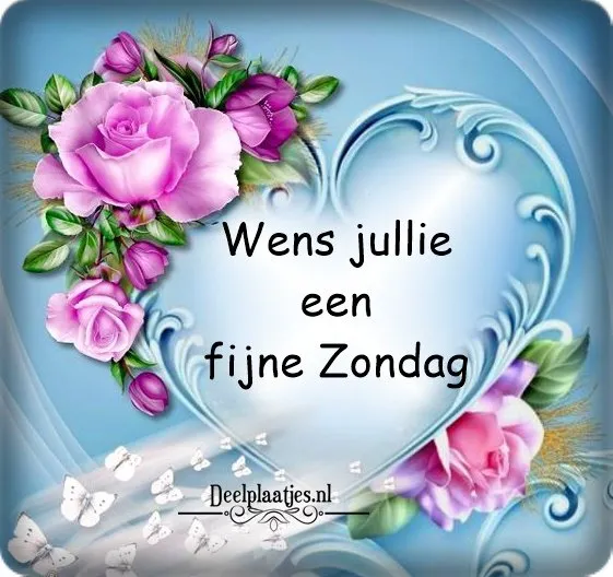 ᐅ goedemorgen zondag - Zondag plaatjes Een versierde hartvorm met roze rozen en de tekst: "Wens jullie een fijne Zondag."