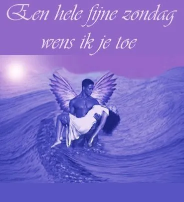 ᐅ goedemorgen zondag - Zondag plaatjes Man met vleugels houdt een vrouw vast, met tekst: "Een hele fijne zondag wens ik je toe."