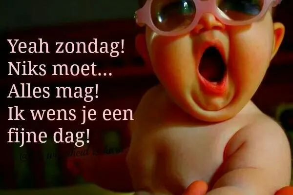 Een lachend baby in monsterachtige zonnebril roept vrolijk over zondag.