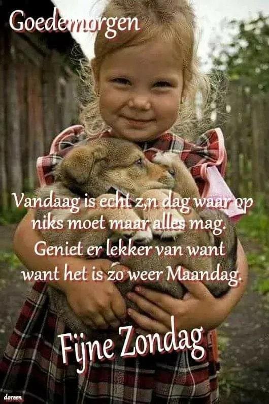 Een meisje omarmt twee puppy's met een vrolijke tekst ernaast.