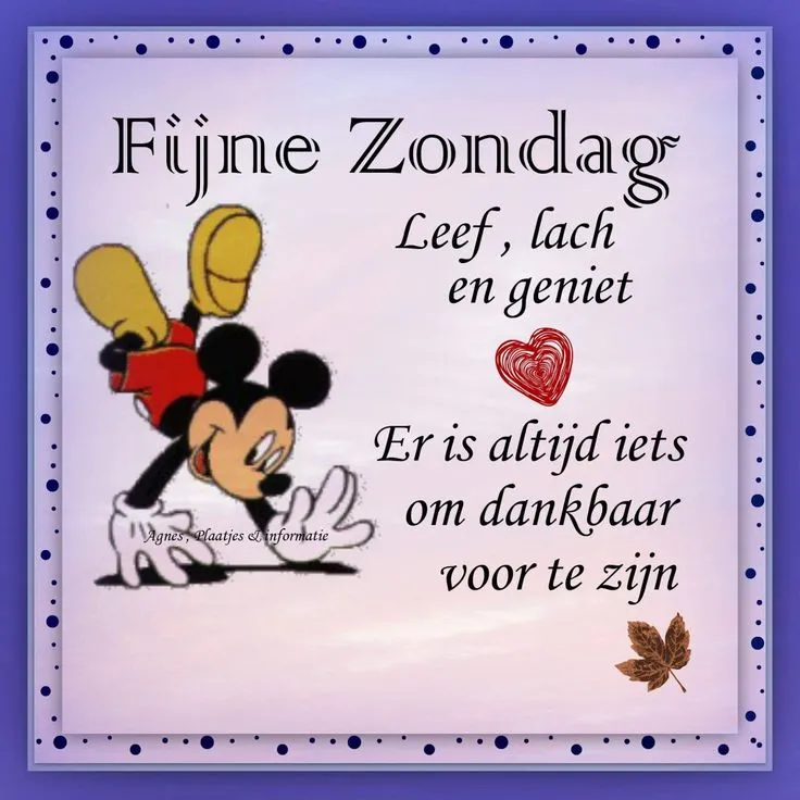 Mickey Mouse met een boodschap voor een fijne zondag en dankbaarheid.