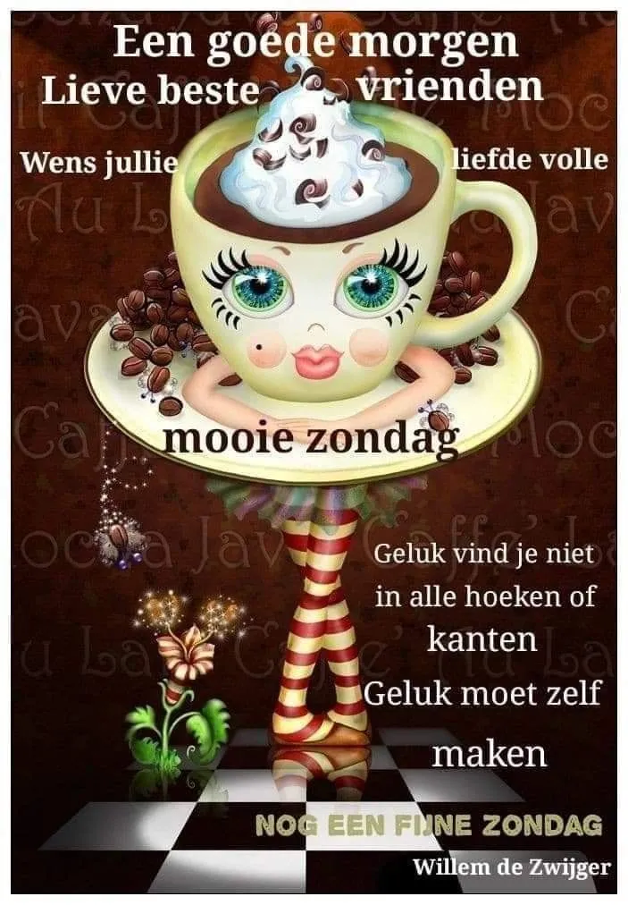 Een grote kop koffie met een gezicht, op een gekleurde achtergrond met tekst.