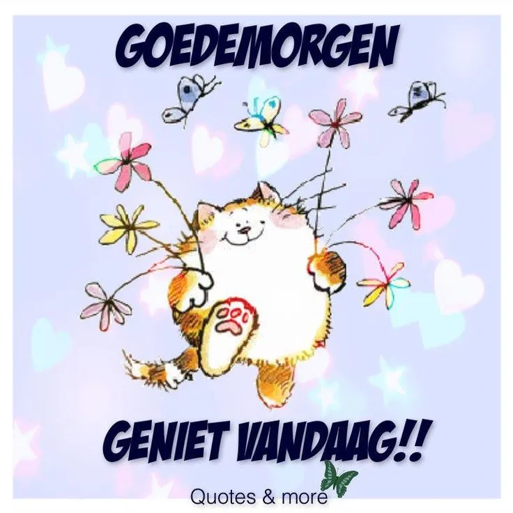 ᐅ grappige goedemorgen - Goedemorgen plaatjes Een vrolijke kat die bloemen vasthoudt met de tekst "Goedemorgen, geniet vandaag!"