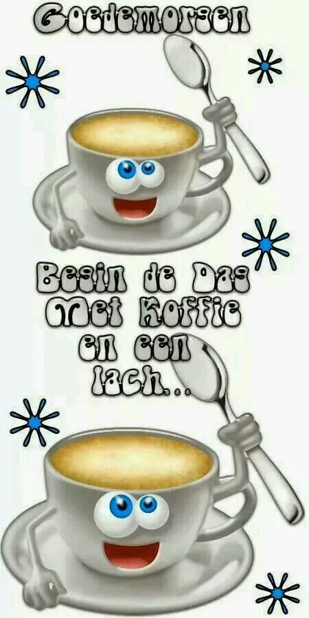 Kopje koffie met gezicht en lepel, achtergrond met sterren en een vrolijke tekst.