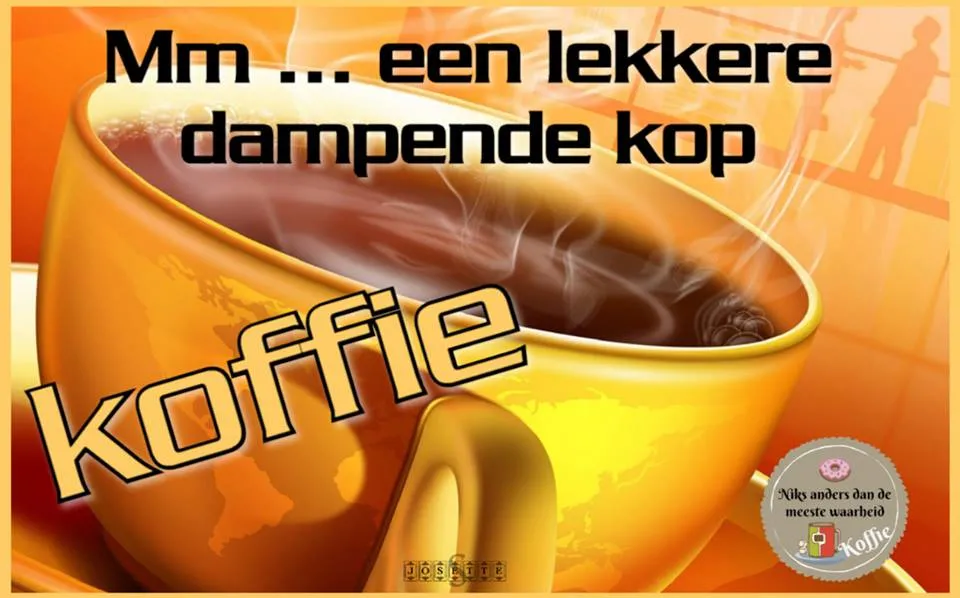 Kopje dampende koffie op een table. Tekst: "Mm ... een lekkere damper" en "koffie".