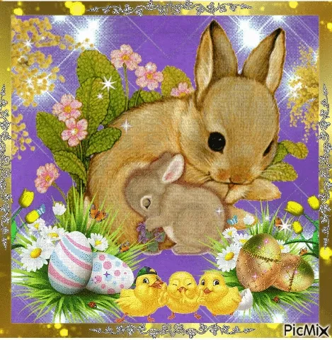 ᐅ grappige pasen humor - Pasen Plaatjes met Berichten en Citaten plaatjes Een konijn knuffelt met een klein konijntje, omringd door bloemen en eieren.
