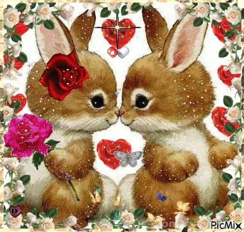 ᐅ grappige pasen humor - Pasen Plaatjes met Berichten en Citaten plaatjes Twee schattige konijntjes met bloemen en hartjes die elkaar een kus geven.