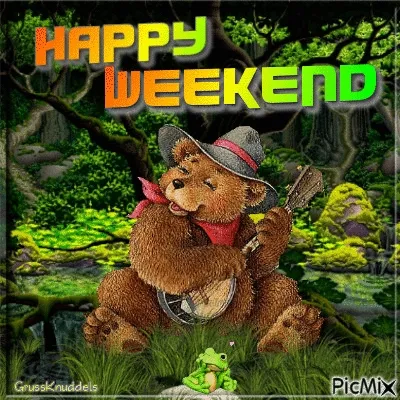 ᐅ grappige pasen humor - Pasen Plaatjes met Berichten en Citaten plaatjes Een vrolijke beer met een banjo in de natuur, met tekst "Happy Weekend".