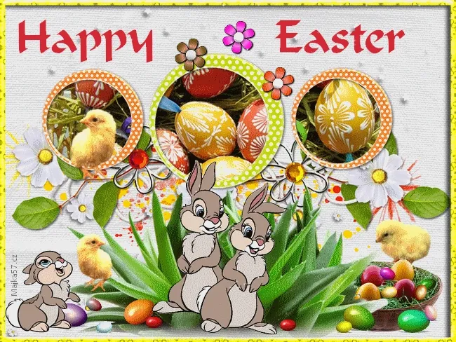 ᐅ grappige pasen humor - Pasen Plaatjes met Berichten en Citaten plaatjes Twee konijnen tussen vrolijke bloemen en paaseieren. Tekst: "Vrolijk Pasen".