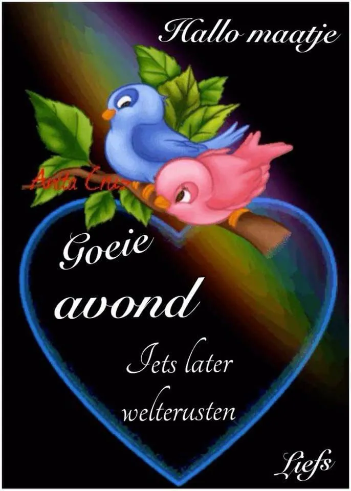 ᐅ grappige welterusten teksten - Welterusten plaatjes Twee vogels op een tak met een hart en de tekst "Goede avond, Liefs".