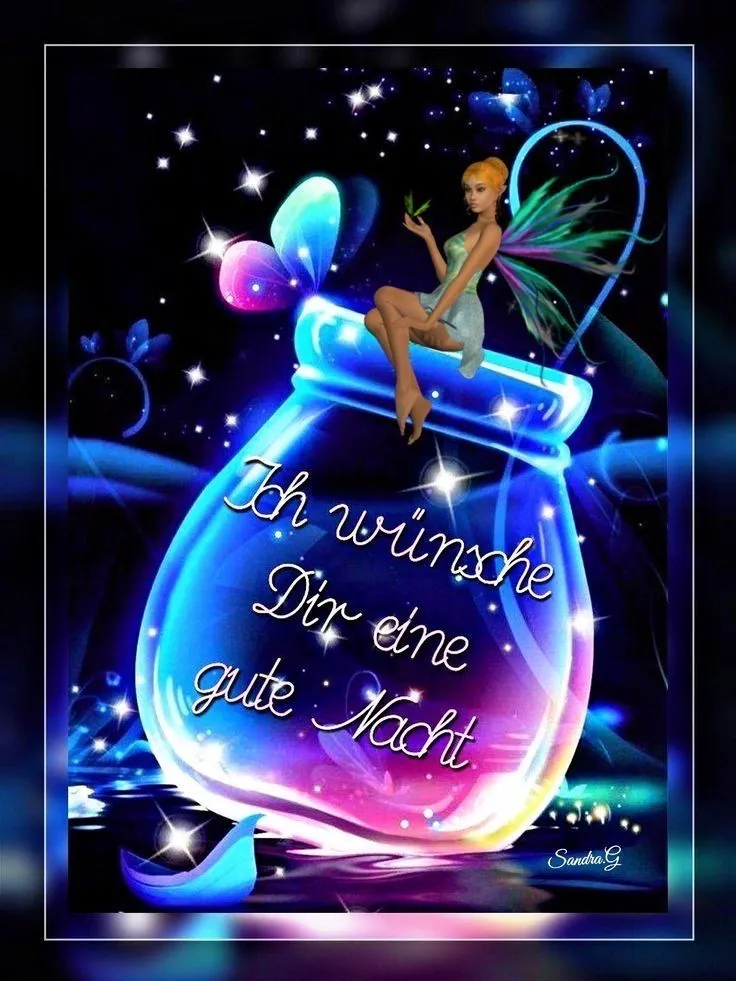 ᐅ grappige welterusten teksten - Welterusten plaatjes Een fee zit op een gloeiende pot met de tekst "Ik wens je een goede nacht".
