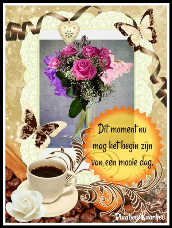 Een boeket bloemen met een koffie en een inspirerende tekst op een versierde achtergrond.