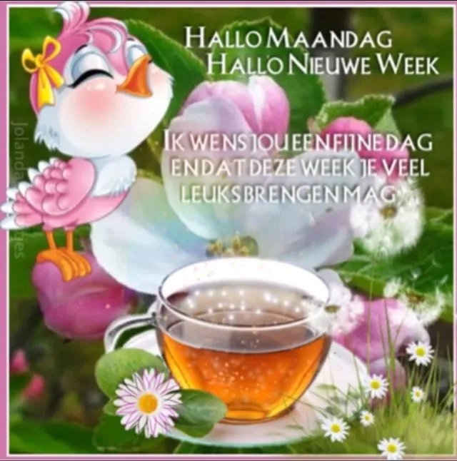 Stylized afbeelding met een schattige vogel, bloemen en een kopje thee. Groet voor de week.