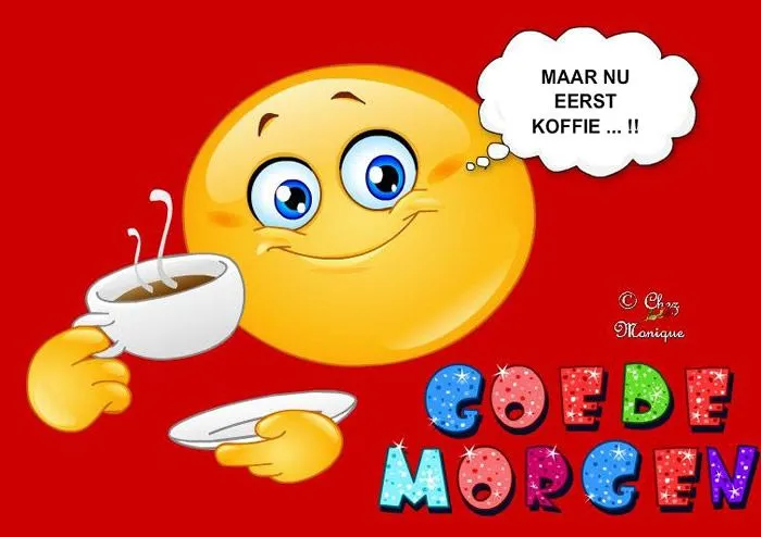 Glas met koffie en een glimlachend gezicht, met tekst 'Goedemorgen'.