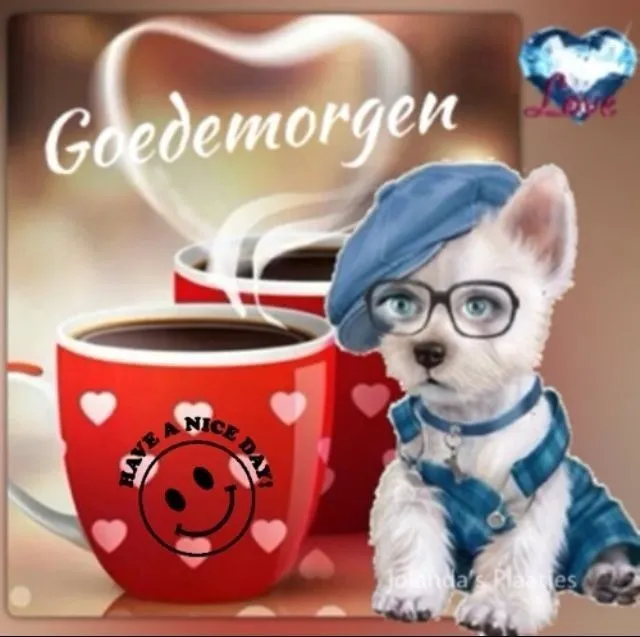 Een schattige hond draagt een pet, naast twee koffiekoppen met de tekst "Goedemorgen".