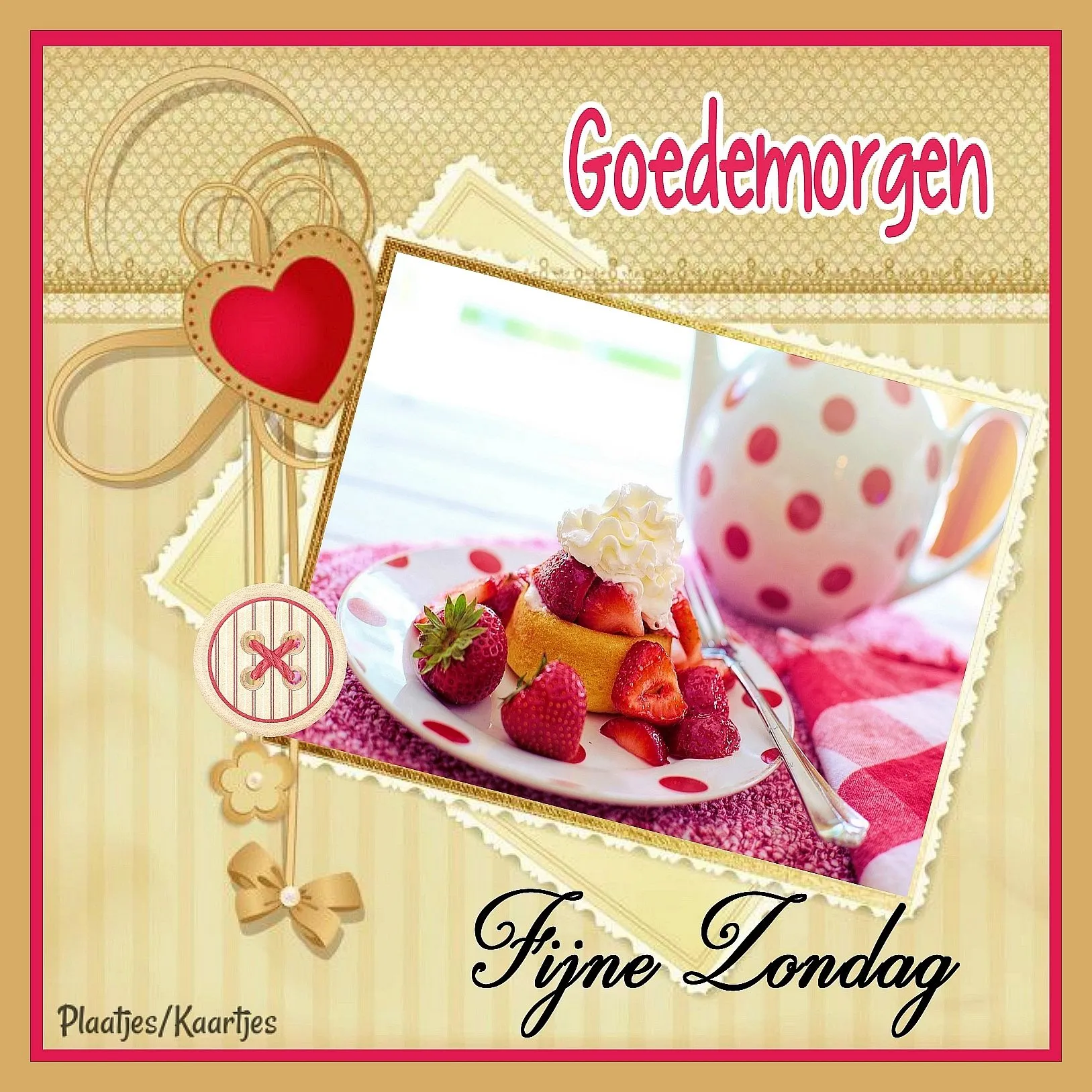 Een decoratieve afbeelding met de tekst "Goedemorgen" en een schotel met aardbeien.