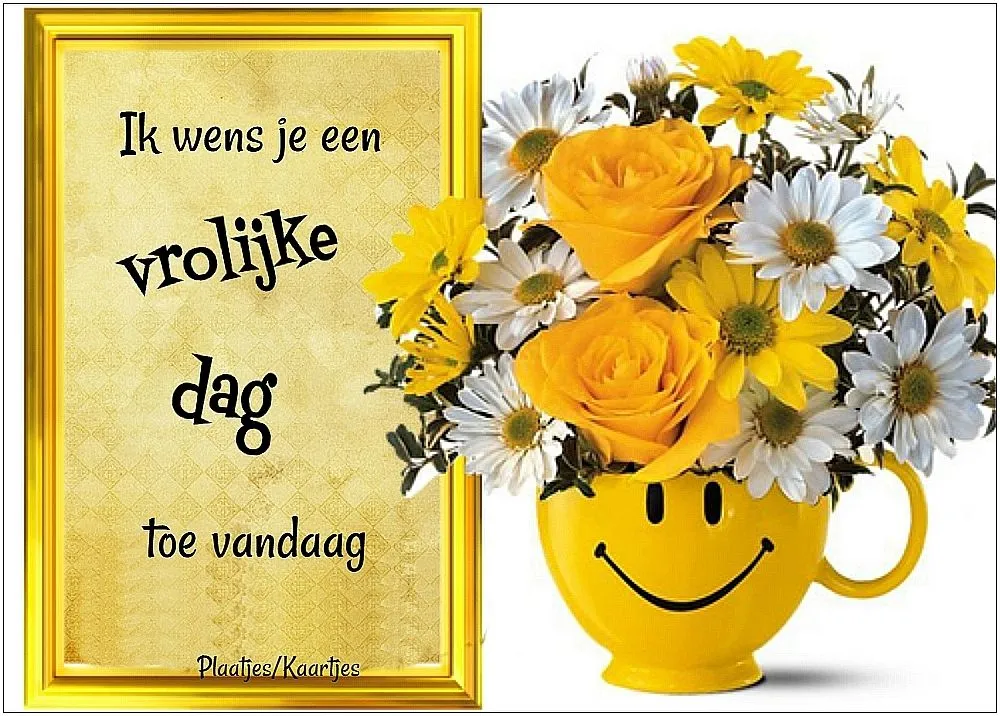 Gele bloemen in een glimlachend mok met een gelukswens op de achtergrond.