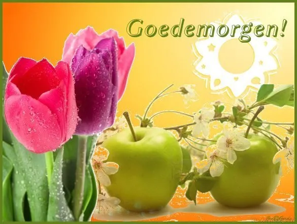 Een bos tulpen en groene appels met de tekst "Goedemorgen!" op een kleurrijke achtergrond.