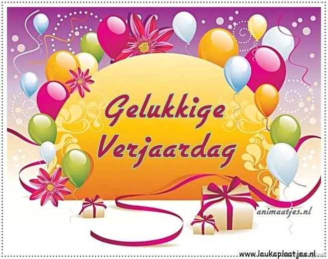 Kleurige verjaardagskaart met tekst "Gelukkige Verjaardag" en feestelijke versieringen.