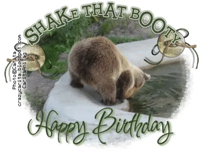 Bever kijkt naar waterbron met 'Shake That Booty' en 'Happy Birthday' tekst.