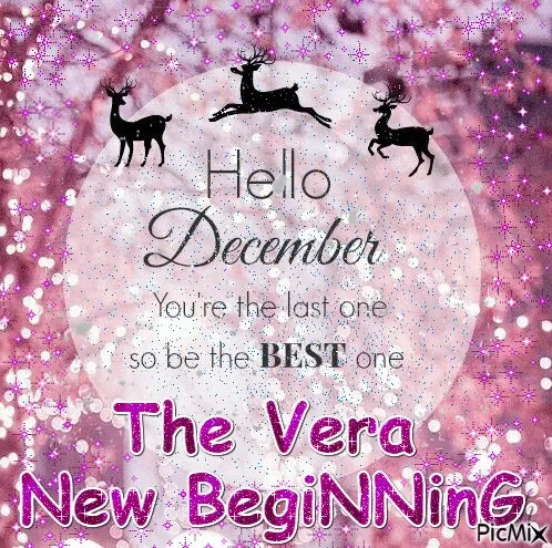 Een roze achtergrond met tekst "Hello December" en sterren, versierd met rendieren.