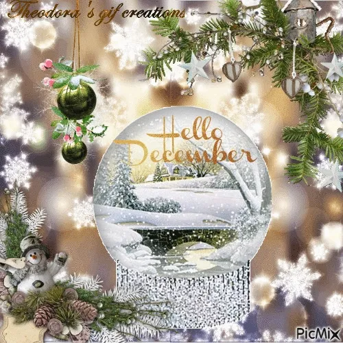 Sneeuwbol met 'Hello December' en een winterlandschap. Sneeuwvlokken vallen.