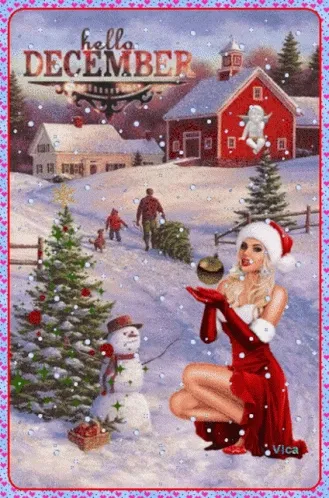 Een vrouw in een kerstoutfit met een sneeuwpop en een boerderij in de achtergrond.