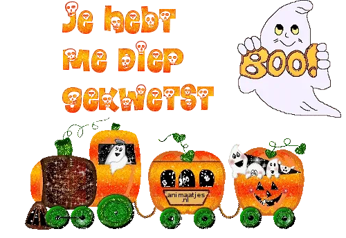 Een kleurrijke Halloween-trein van pompoenen met spookjes en de tekst "Boo!"