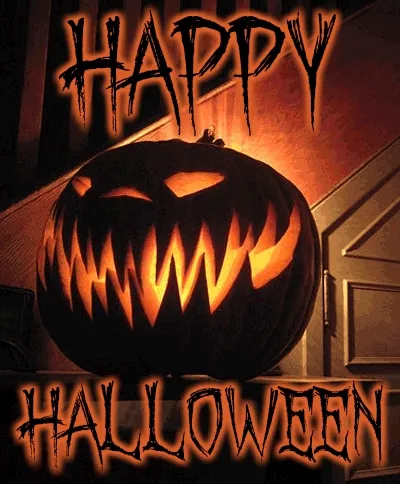 Geproduceerde pompoen met een griezelig gezicht en tekst "Happy Halloween".