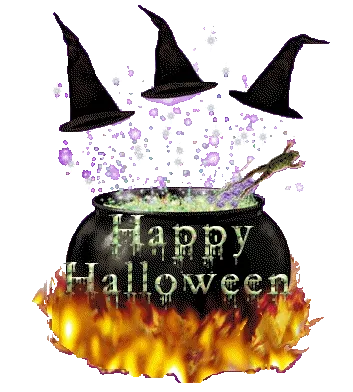 Een sfeervolle heksenketel met 'Happy Halloween' en vliegende hoeden.