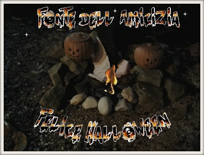 Een sfeervolle Halloween-scène met pompoenen en een vuurplaats.