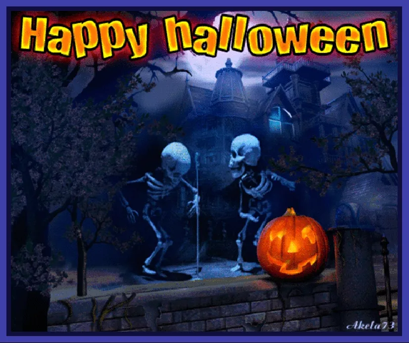Twee skeletten dansen voor een spookachtig huis met een pompoen. Happy Halloween!