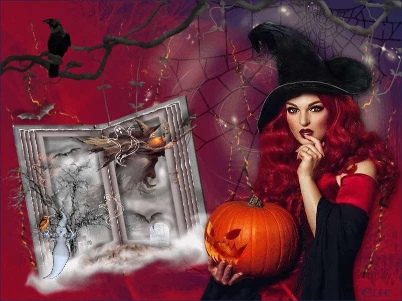 Vrouw met rode haren en een heksenhoed, met een pompoen en een open boek in een spookachtige omgeving.