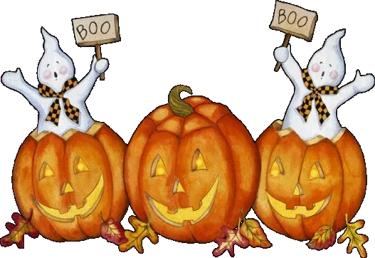 ᐅ halloween gif plaatjes - Halloween plaatjes Twee vrolijke spookjes zijn in pompoenen met 'BOO' borden. Herfstthema.