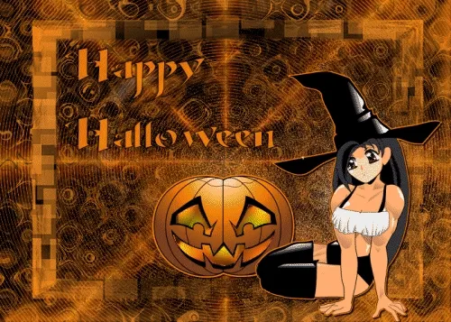 ᐅ halloween gif plaatjes - Halloween plaatjes Een meisje in een heksenoutfit bij een pompoen met de tekst "Happy Halloween".