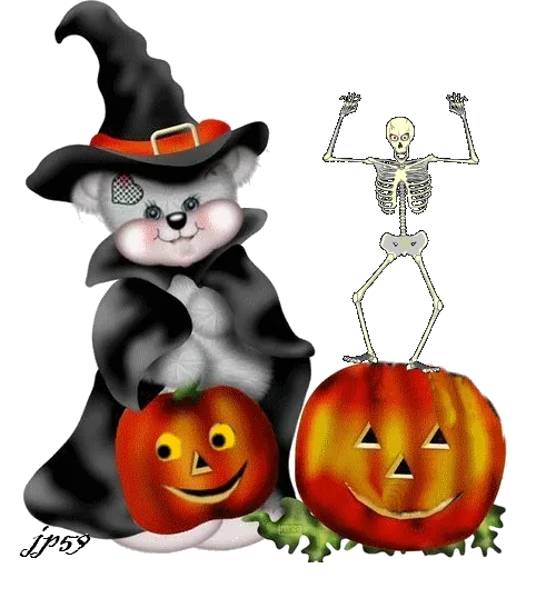 ᐅ halloween gif plaatjes - Halloween plaatjes Een schattige teddybeer in een heksenoutfit met pompoenen en een skelet.