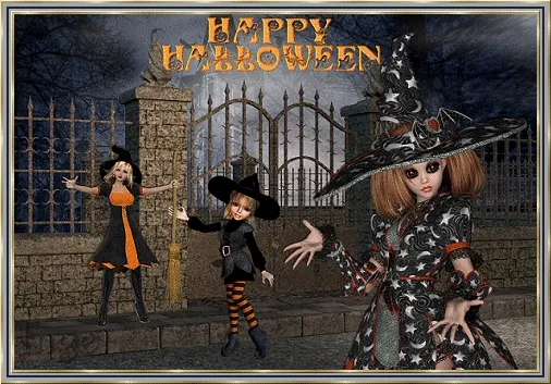 ᐅ halloween gif plaatjes - Halloween plaatjes Drie feestelijke heksen poseren voor een spookachtige achtergrond met een hek.